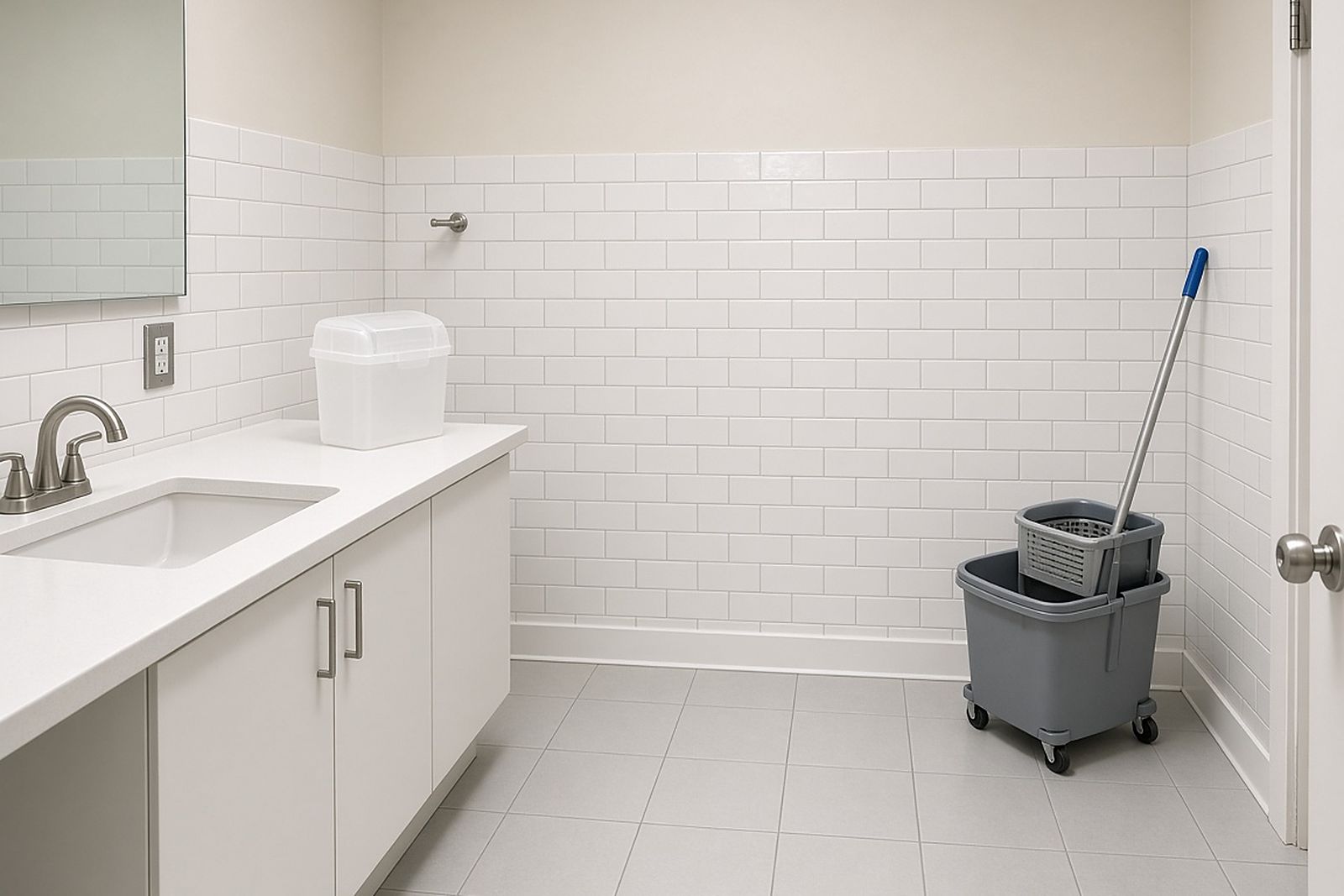 Clean public restroom with a sharps container on the counter and a mop bucket by the wall