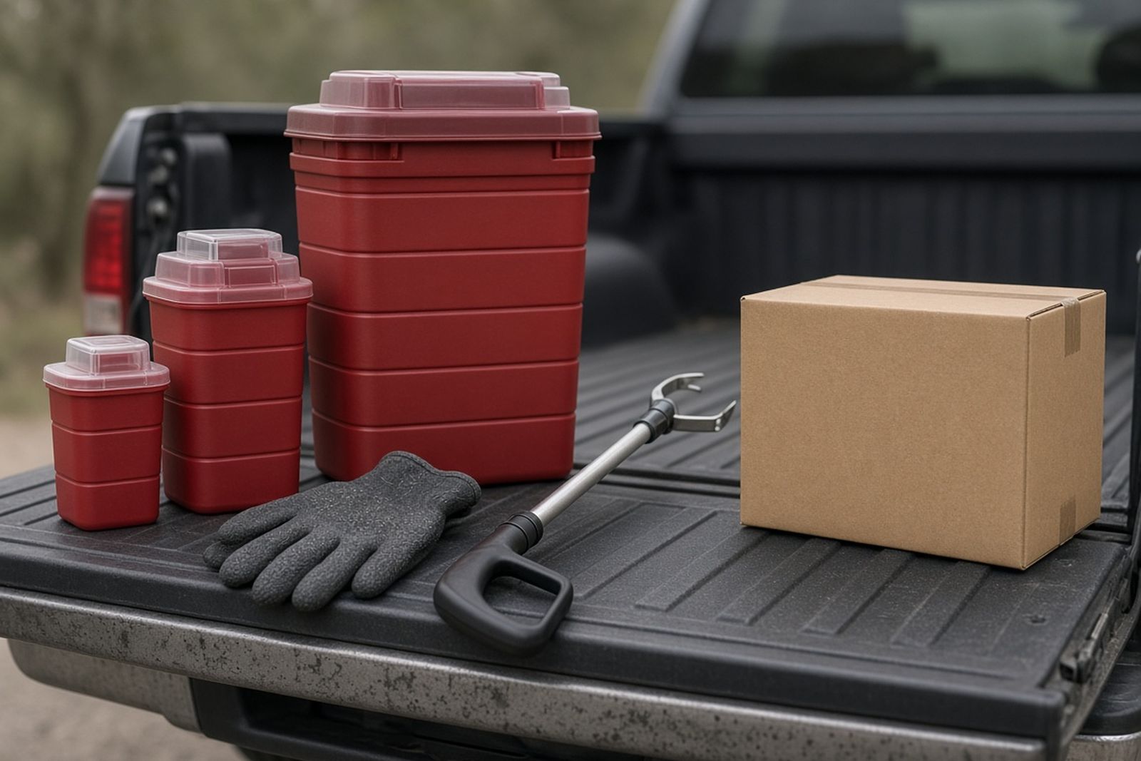 Sharps containers in three sizes, puncture-resistant gloves, tongs and a mail-back box on a truck tailgate